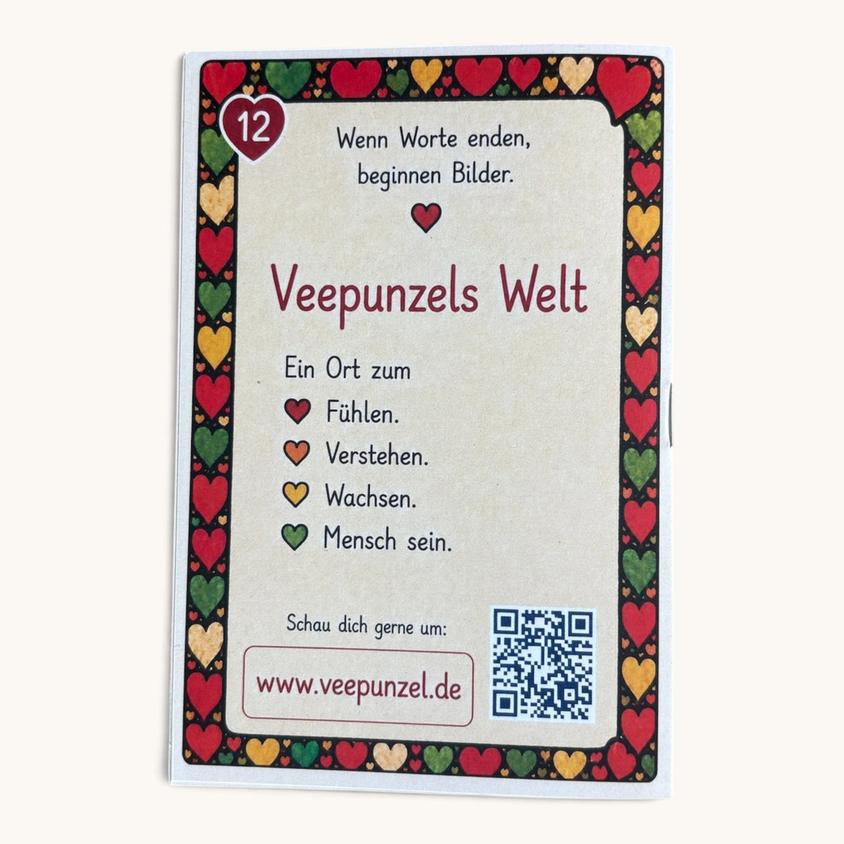 Vergnügen – Rückseite mit Veepunzels Welt und QR-Code